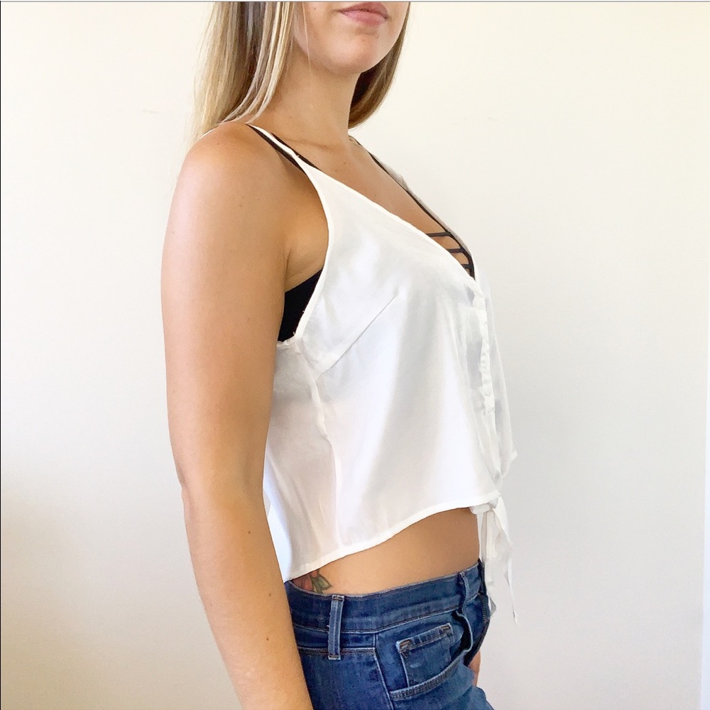 'Tease' Tie Front Cami Crop Top V Neck Blouse - Picture 4 of 6